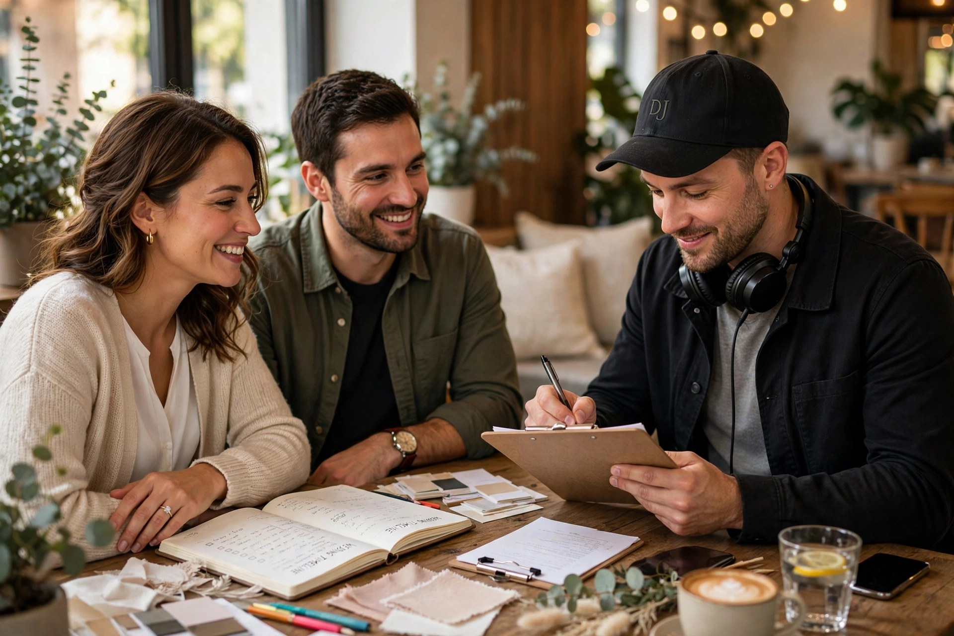 Engaged couple planning their wedding music with their DJ