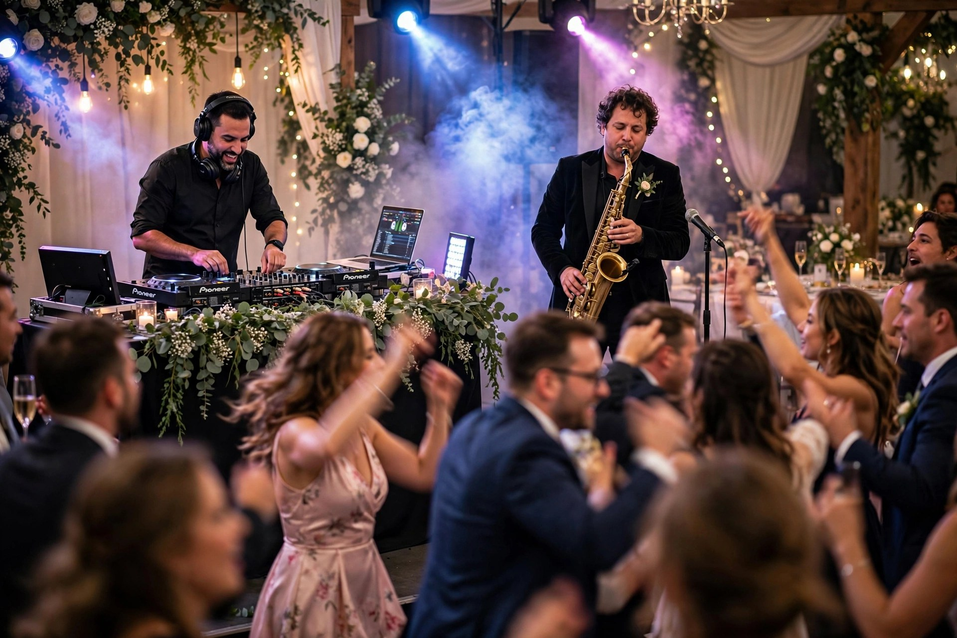 Wedding DJ performing with a live saxophone player